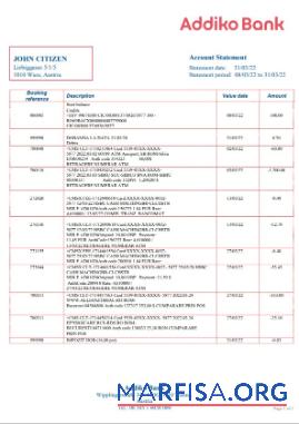 Printable Austria Addiko bank statement excel download for verification